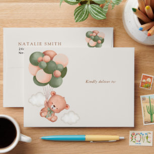 Baby Bear, Teddy Bear, Green Balloons, Baby Shower Envelope