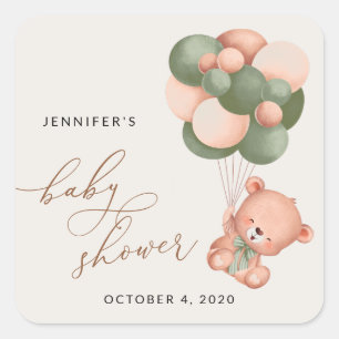 Baby Bear, Teddy Bear, Green Balloons, Baby Shower Square Sticker
