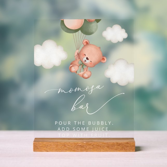 Baby Bear, Teddy Bear, Green Balloons, Momosa Bar Acrylic Sign (Neutral)