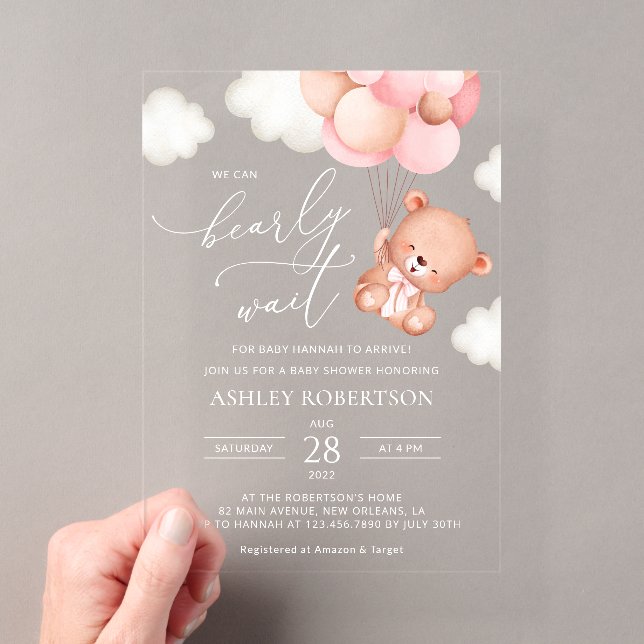 Baby Bear, Teddy Bear, Pink Balloons, Baby Shower Acrylic Invitations (Insitu (Handheld))