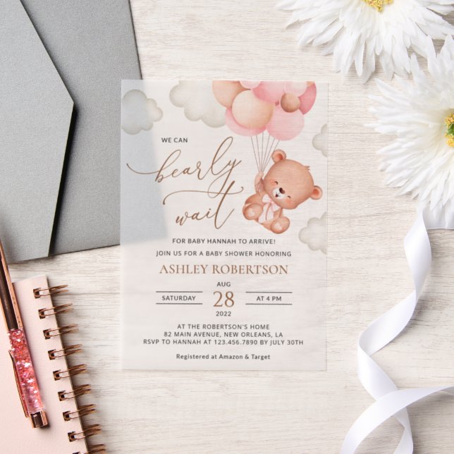 Baby Bear, Teddy Bear, Pink Balloons, Baby Shower Vellum Invitations (Wedding)