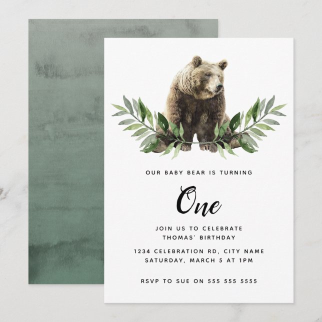 Baby Bear Watercolor Woodland First Birthday Invitation (Front/Back)