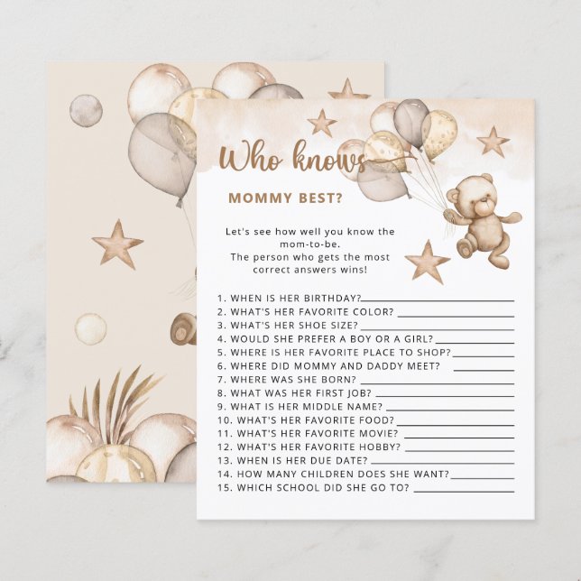 Baby bear Who knows mommy best baby shower game (Front/Back)