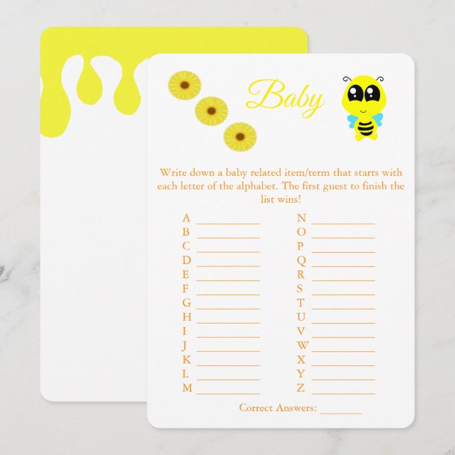 Baby Bee | ABC Baby Shower Game Card Flyer (Front/Back)