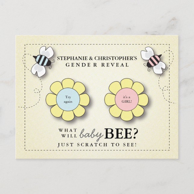 Baby Bee Gender Reveal Pretend Scratcher Game Post Postcard (Front)