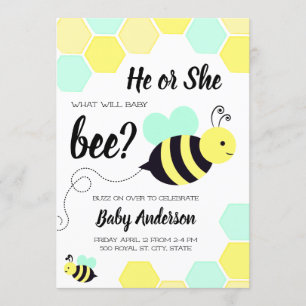 Baby Bee Yellow and Mint Gender Reveal Invitation