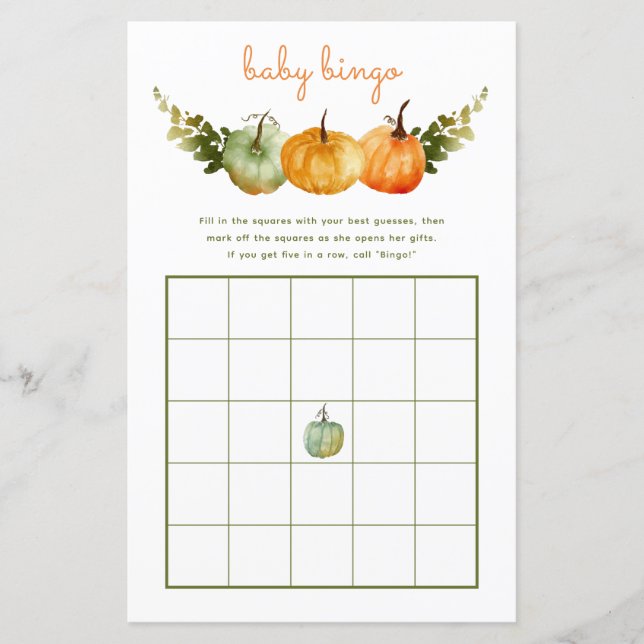 Baby Bingo Game November Pumpkin Fall Baby Shower (Front)