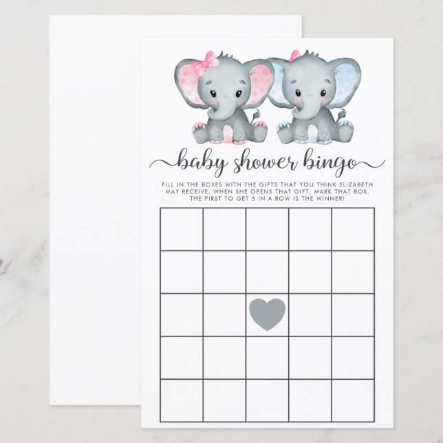Baby Bingo Twin Girl Boy Elephant Shower Game (Front/Back)
