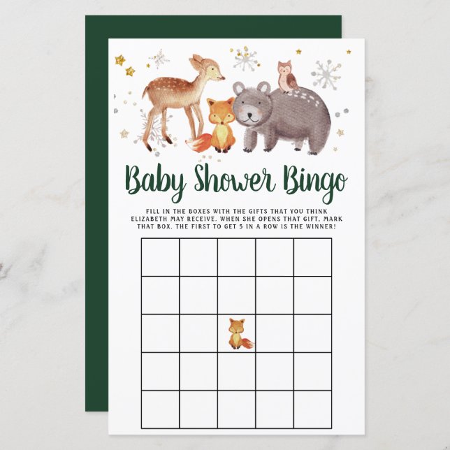 Baby Bingo Winter Woodland Animals Shower Game (Front/Back)