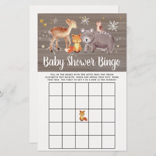 Baby Bingo Winter Woodland Animals Shower Game (Front/Back)