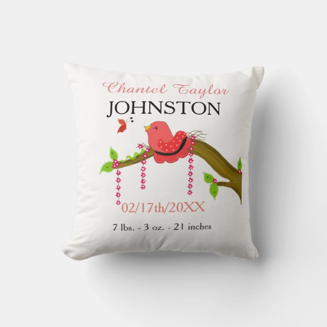 Baby Bird Baby Birth Announcement Throw Pillow (Front)