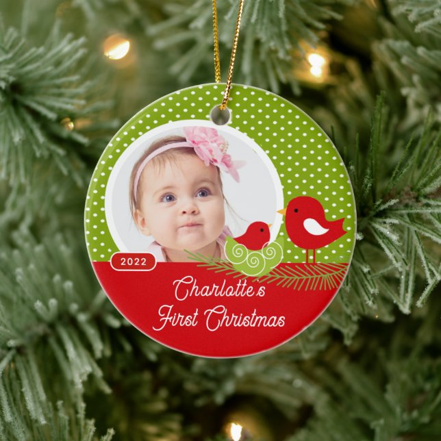 Baby Bird Baby's First Christmas Photo Ceramic Ornament (Tree)