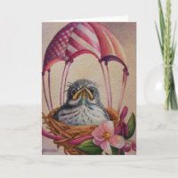 Baby Bird Fledgling Pink Parachute Watercolor Art