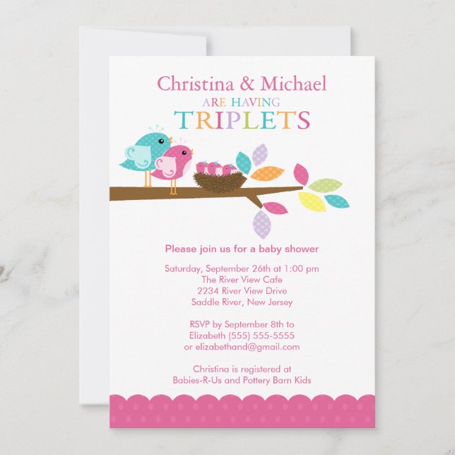 Baby Birds Nest Triplets Baby Shower Invitations (Front)