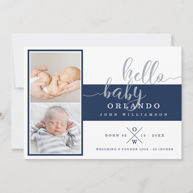 Baby Birth Announcement Card - Navy & White Stripe (Front)