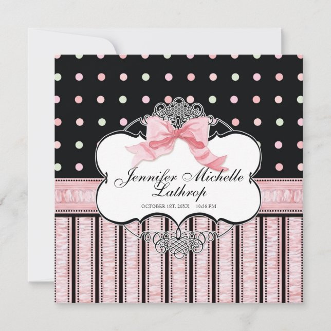 Baby Birth Announcement - French Bow Dot Swirl v3 (Front)