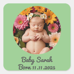 baby birth announcement photo name custom green square sticker