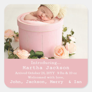 Baby Birth Announcement Photo Pink Girl Square  Sticker