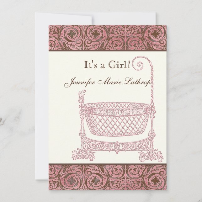 Baby Birth Announcement - Pink Brown Damask Cradle (Front)