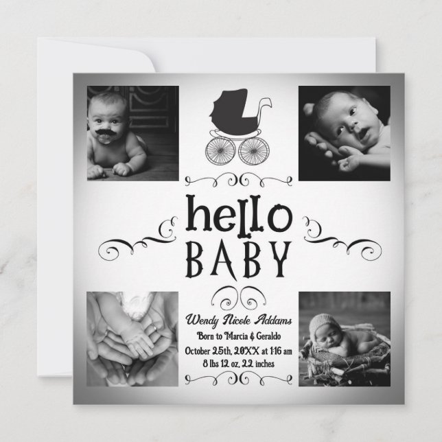 Baby Birth Photo Announcement Black & White Pram (Front)