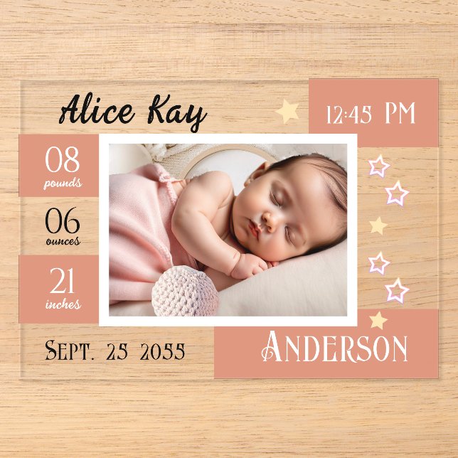 Baby Birth Statistics One Photo Pink Announcement  (Front)