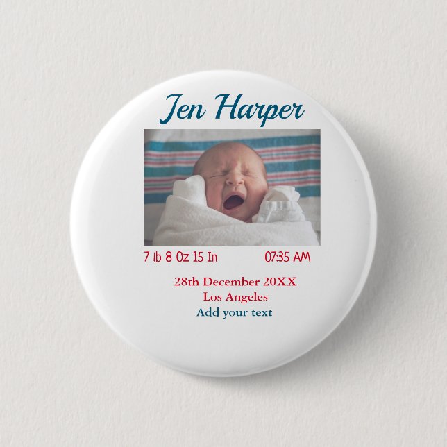 Baby birth stats add name place date keepsake memo 2 inch round button (Front)