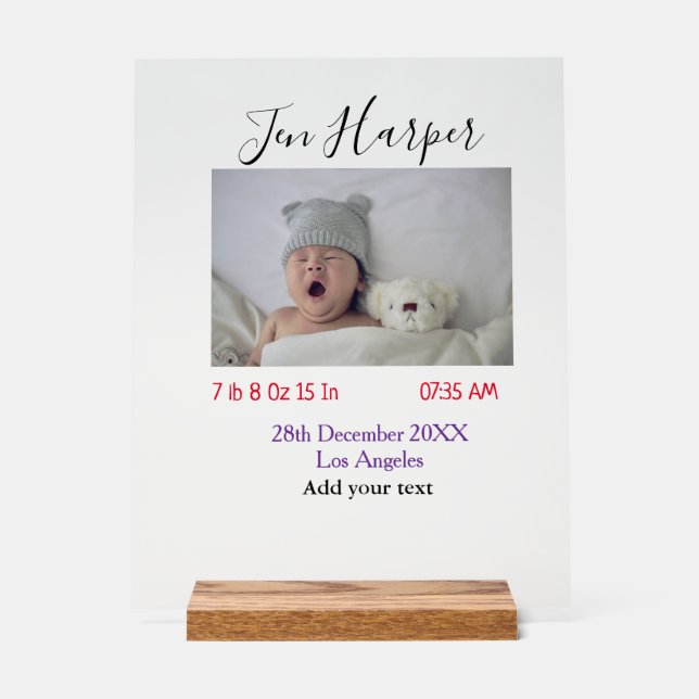Baby birth stats add name place date keepsake memo acrylic sign (Front)