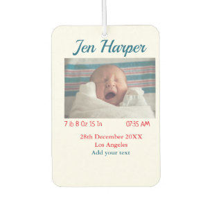 Baby birth stats add name place date keepsake memo air freshener
