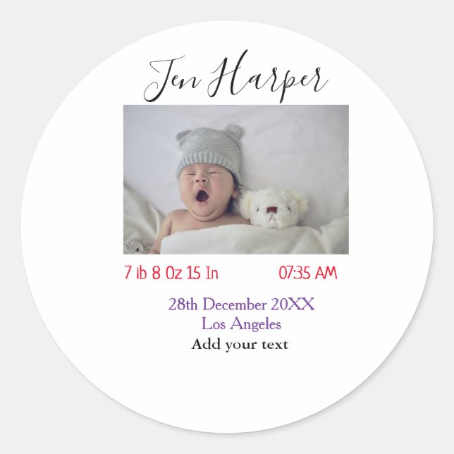 Baby birth stats add name place date keepsake memo classic round sticker (Front)