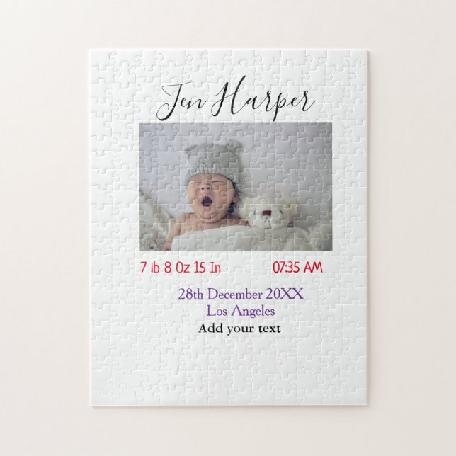 Baby birth stats add name place date keepsake memo jigsaw puzzle (Vertical)