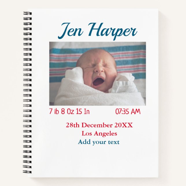 Baby birth stats add name place date keepsake memo notebook (Front)