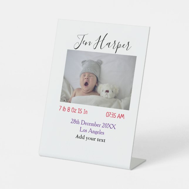 Baby birth stats add name place date keepsake memo pedestal sign (Front)