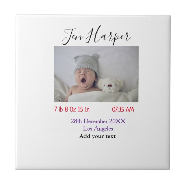 Baby birth stats add name place date keepsake memo tile (Front)