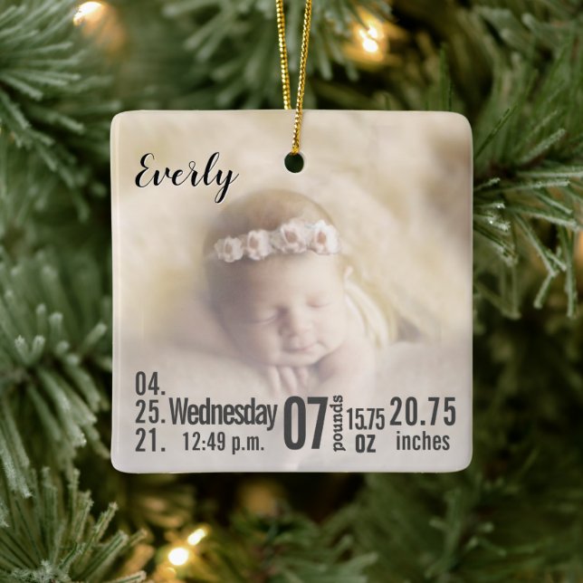 Baby Birth Stats Birth Record Christmas Photo Cera Ceramic Ornament (Tree)