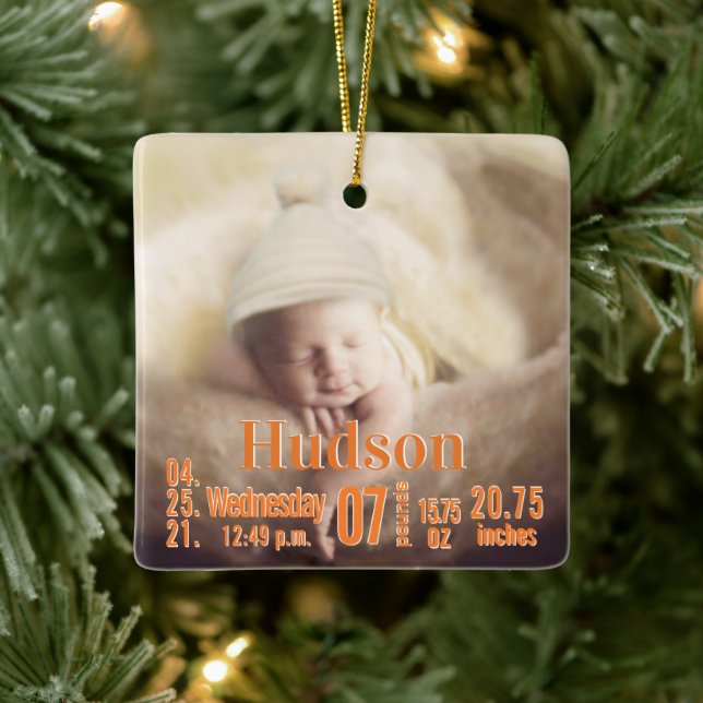 Baby Birth Stats Birth Record Christmas Photo Cera Ceramic Ornament (Tree)