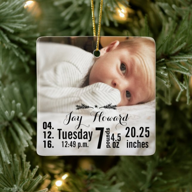 Baby Birth Stats Birth Record Christmas Photo Ceramic Ornament (Tree)