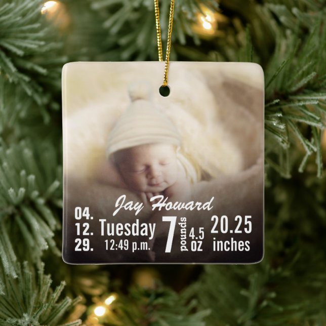 Baby Birth Stats Birth Record Christmas Photo Ceramic Ornament (Tree)