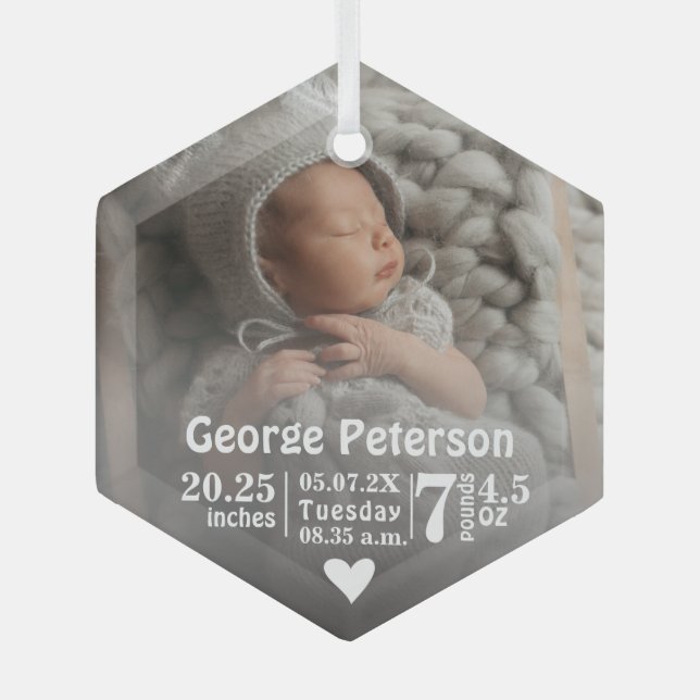 Baby Birth Stats Birth Record Photo Christmas Glass Ornament (Front)