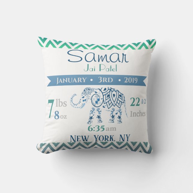 Baby Birth Stats Blue & Green Indian Elephant Throw Pillow (Front)