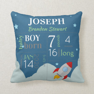 Baby Birth Stats Blue Sky with Red Space Rocket Throw Pillow