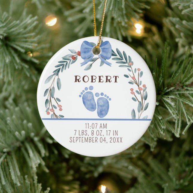Baby Birth Stats Boy Photo Baby First Christmas  Ceramic Ornament (Tree)