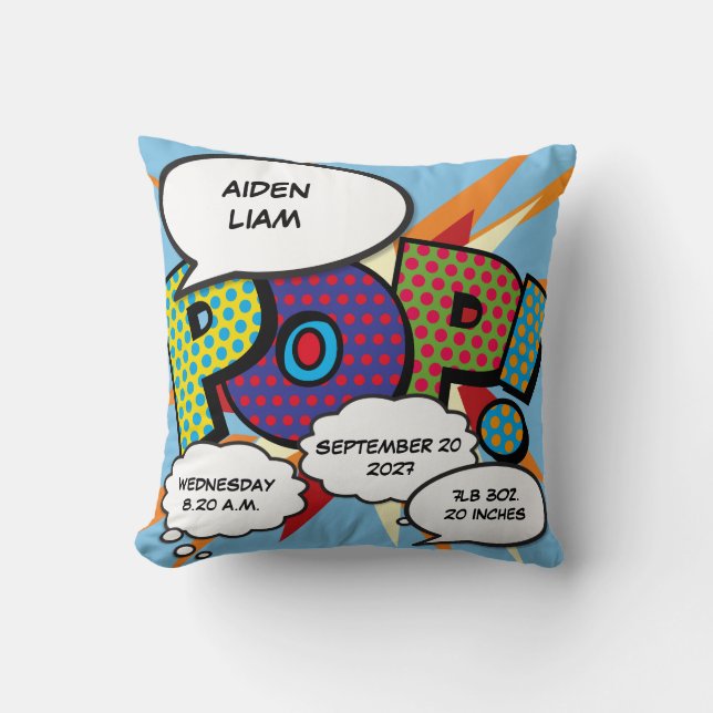 Baby Birth Stats Colourful Fun Comic Book Keepsake Throw Pillow (Front)