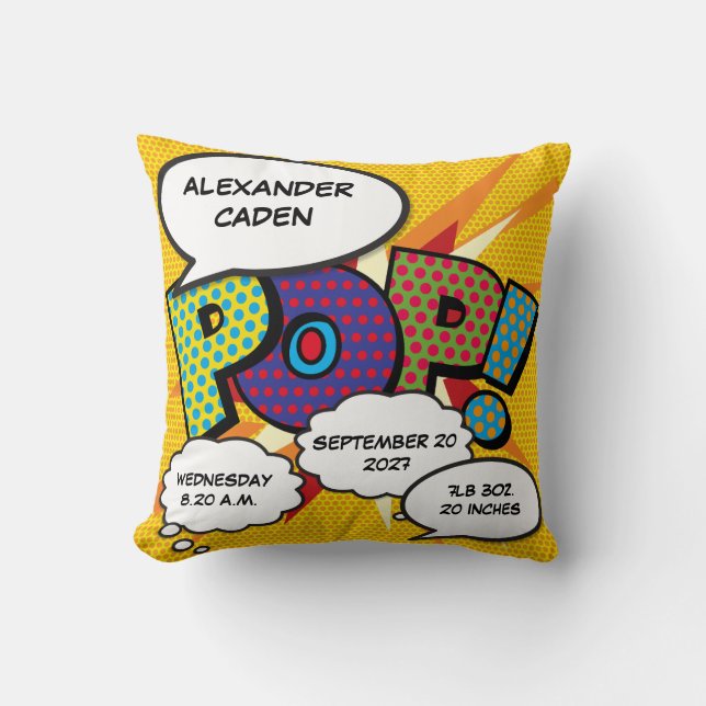 Baby Birth Stats Comic Book Pop Art Keepsake Throw Pillow (Front)