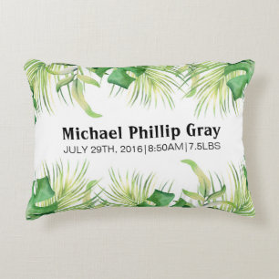 Baby Birth Stats Custom Name Tropical Green Palms Accent Pillow