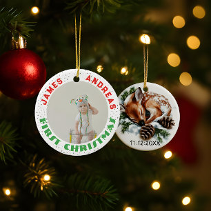 Baby Birth Stats Deer Photo Baby's 1st Christmas  Ceramic Ornament