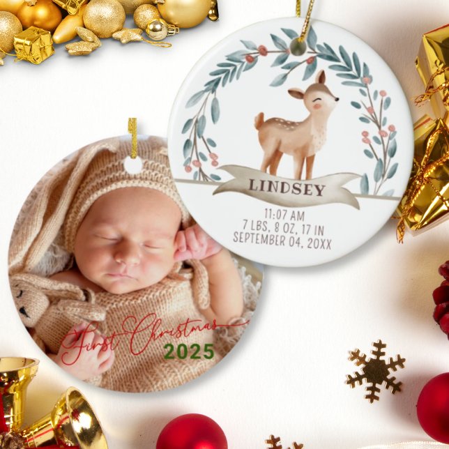 Baby Birth Stats Deer Photo Baby's 1st Christmas  Ceramic Ornament (Creator Uploaded)