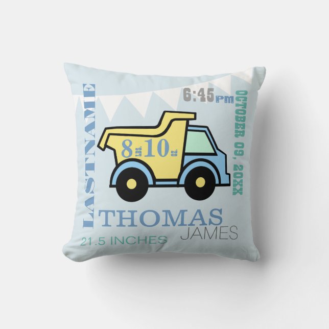 Baby Birth Stats Dump Truck Throw Pillow (Front)