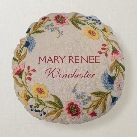 Baby Birth Stats | Floral Embroidery Look Nursery Round Pillow