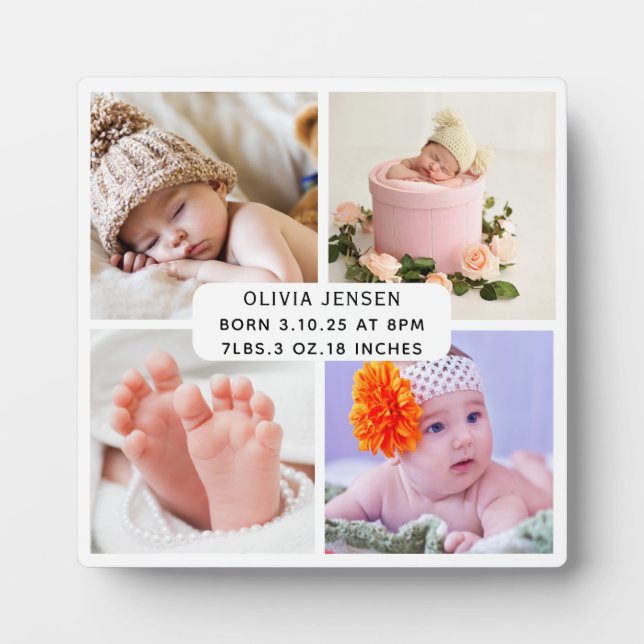 Baby Birth Stats Four Photo Collage  Plaque (Front)