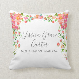 Baby Birth Stats Garden Floral Berry Girly Decor Throw Pillow
